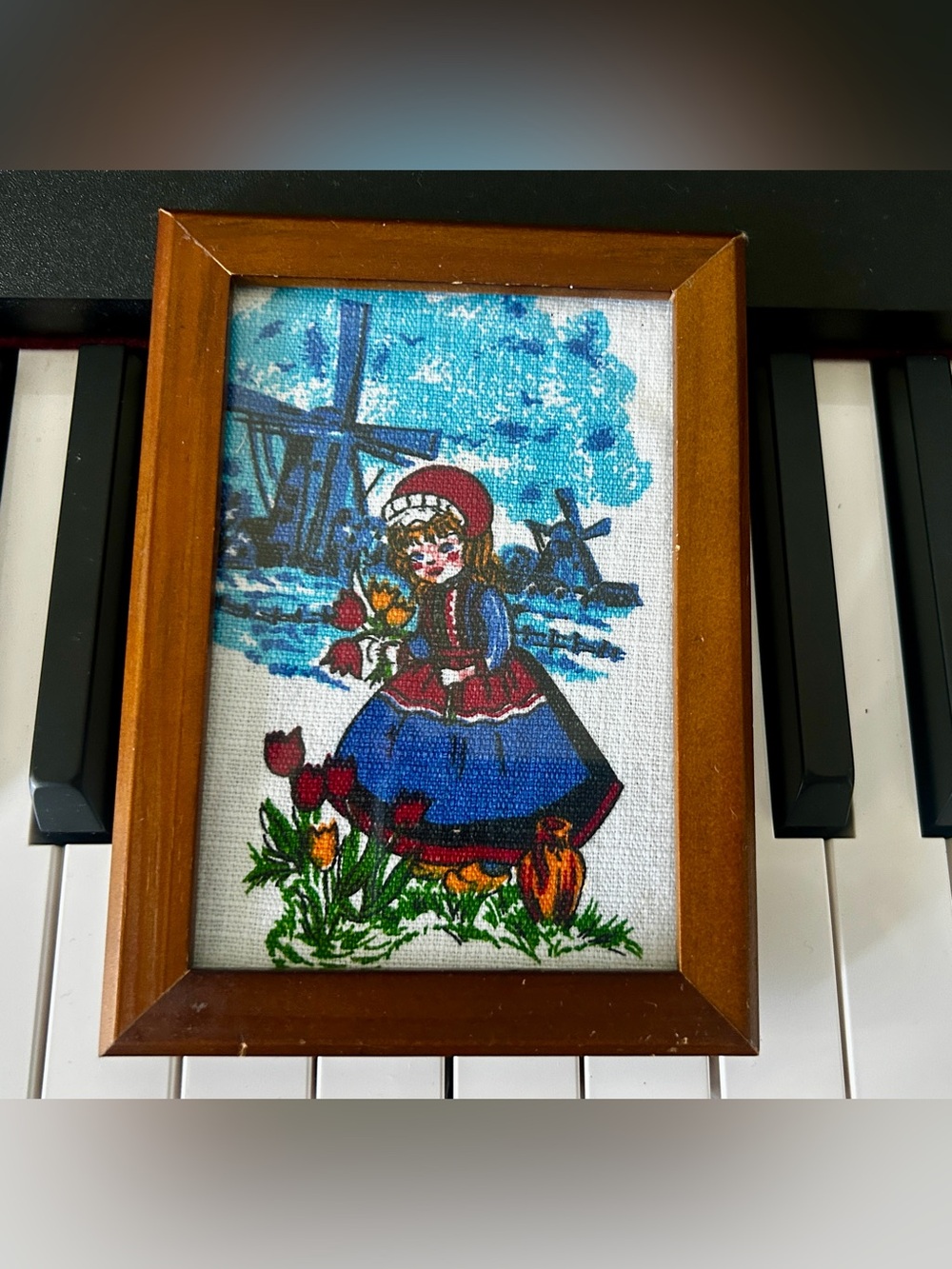 Small Vintage Wooden Picture Frame Featuring Upcycled Dutch Tablecloth Art